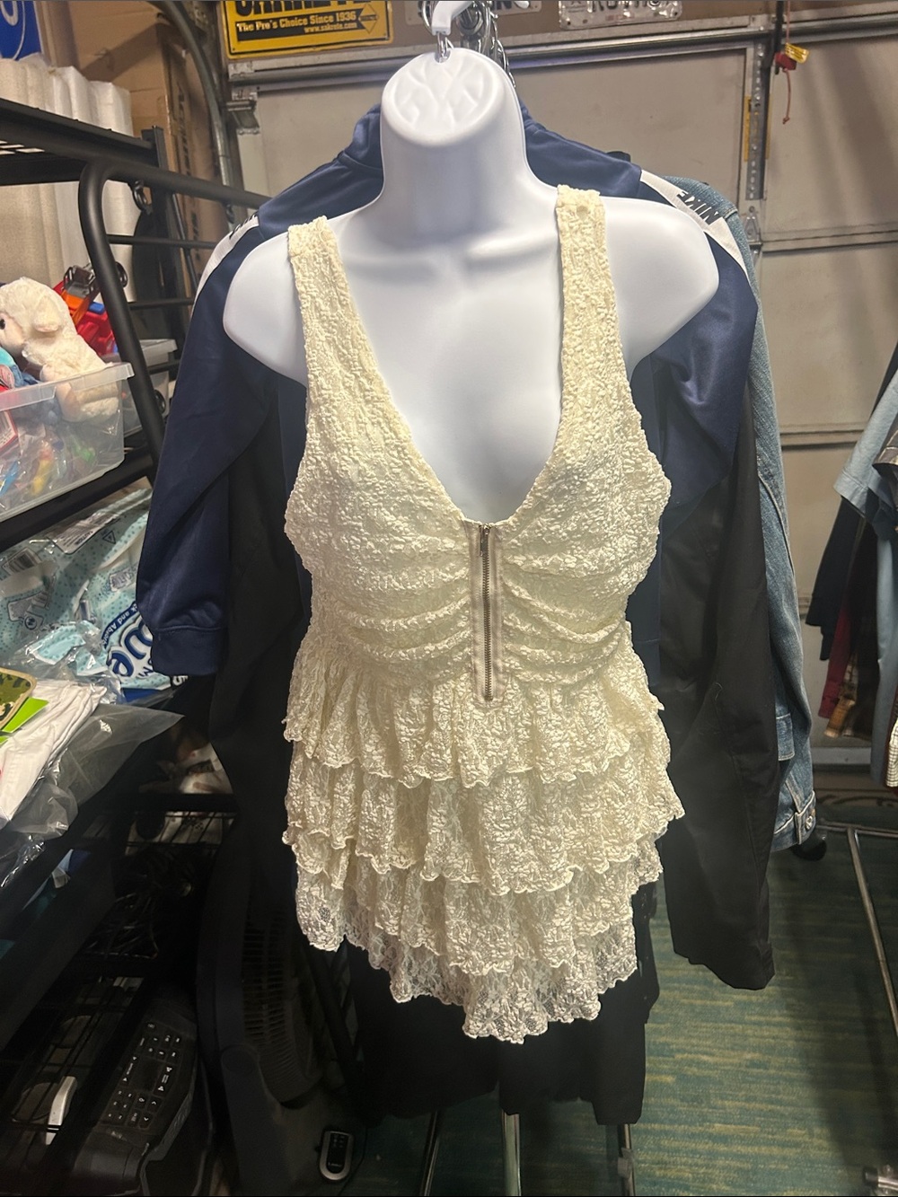 Moda International Cream Lace Tiered Dress with Front Zip Detail